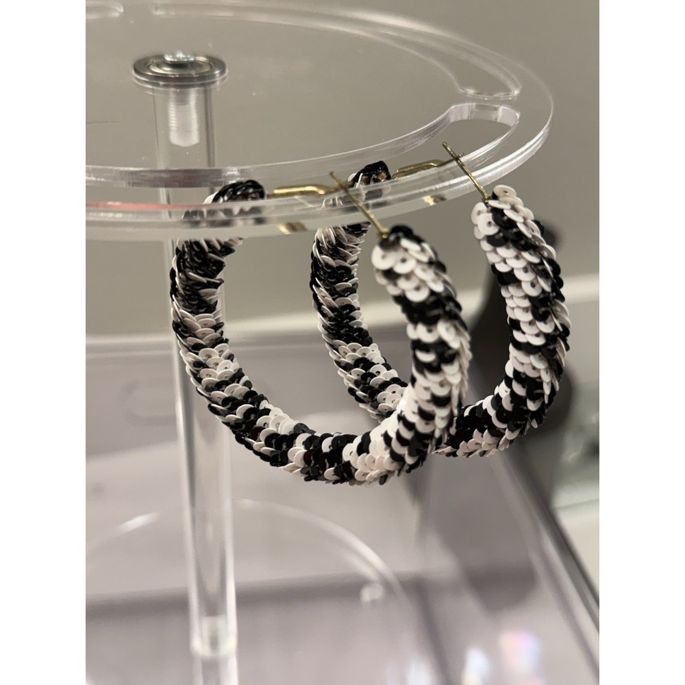 Black White Sequin Hoop Earrings Large Statement Zebra Stripe Disco Glam